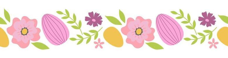 Seamless border with branches, flowers and easter eggs. Template for greeting card, invitation, poster, print vector