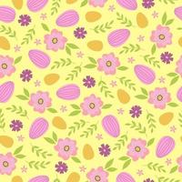 sin costura modelo con sucursales, flores y Pascua de Resurrección huevos en amarillo antecedentes. modelo para saludo tarjeta, invitación, póster, impresión. vector