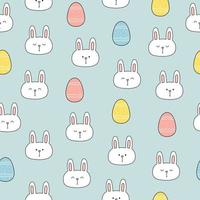 Seamless pattern with cute bunny heads and Easter eggs on blue background. Template for baby design, Easter decor. vector