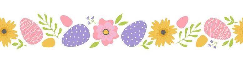 Seamless border with branches, flowers and easter eggs. Template for greeting card, invitation, poster, print vector