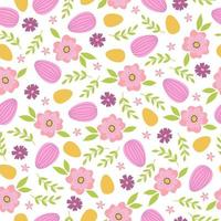 Seamless pattern with branches, flowers and easter eggs on white background. Template for greeting card, invitation, poster, print. vector