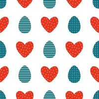 Easter seamless pattern with striped and dotted eggs and doodle hearts. Perfect print for tee, paper, fabric, textile. vector