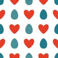 Easter seamless pattern with striped and dotted eggs and doodle hearts. Perfect print for tee, paper, fabric, textile. vector