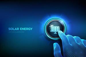 Solar energy. Solar PV panel power plant station icon. Renewable sustainable photovoltaic solar park energy generation concept. Closeup finger about to press a button. Vector illustration.