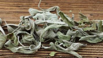 Dry leaves of sage salvia on a wooden board video