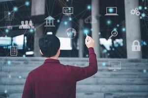 Business global internet connection technology , Financial and banking, Digital link tech, big data.man working with virtual icon connecting show connected of world  network, cloud computing, photo
