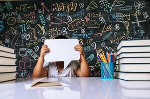 Child acting with speech bubble in the classroom photo