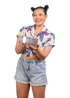 Portrait cute woman in Songkran festival with water bowl photo