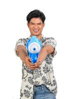 Portrait young man with water bowl in Songkran Festival photo