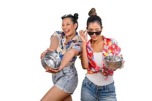 Portrait two women in Songkran festival with water bowl photo