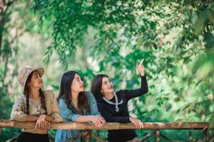 group  young women looking beautiful nature while camping in forest photo