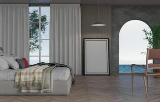 3D mockup blank photo frame in bedroom at pool villa