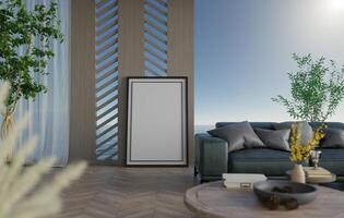 3D mockup blank photo frame in living room rendering