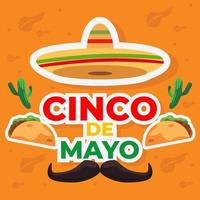 cinco de mayo. illustration of a sombrero hat, mustache, baked taco, and cactus vector