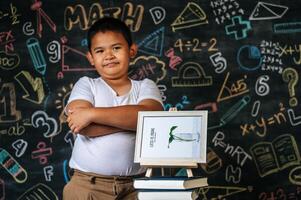 Child standing and acting in the classroom photo