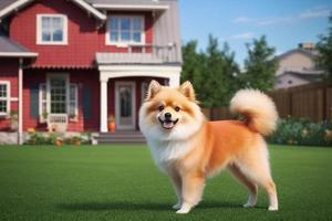 a dog with a house in the background photo