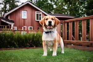 un perro con un casa en el antecedentes foto