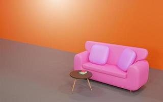 Pink sofa with 2 pillows placed on top In front there is a small brown table and 2 books. in the orange room. 3D Render illustration. photo