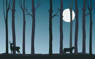 Abstract vector illustration silhouette of wild deer and tiger in forest with tree trunks. Silhouette of animal and trees. Blue and green illustration.