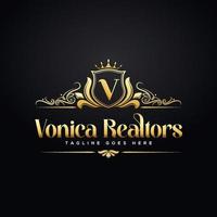 Luxury Logo template in vector for Real Estate, Elegant with crown, logo vector, V Golden Logo