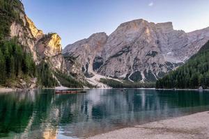 Peaceful alpine lake Braies in Dolomites mountains. Lago di Braies, Italy, Europe. Scenic image of Italian Alps. photo