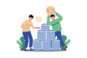 Man puts coins in a coins-pyramid vector