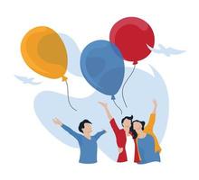 Happy people launch balloons into the sky. Festive mood. Blue sky, doves. Vector image.