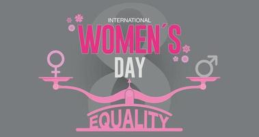 Greeting Card of INTERNATIONAL WOMEN S DAY. Text in pink color on scale with EQUALITY word and male, female icons surrounded by pink flowers on dark gray background. Vector image