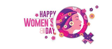 internacional mujer s día saludo tarjeta. mujer cara en perfil dentro púrpura y rosado femenino símbolo con flores viniendo fuera de el circulo en blanco antecedentes vector