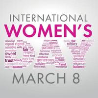 International Women's Day title with a word cloud forming the word Day in pink and violet colors on white background vector