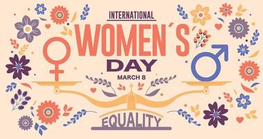 Greeting Card of INTERNATIONAL WOMEN S DAY. Text in red color and scale with EQUALITY word and male and female icon surrounded by violet, red, blue flowers on yellow background. Vector image