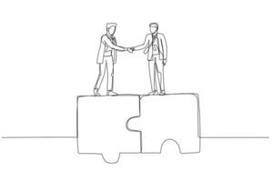 Cartoon of businessman shake hand standing on jigsaw puzzle. Concept of collaboration. One line art style vector