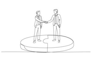 Cartoon of businessman standing in connected puzzle shaking hand. Concept of business deal. One line style art vector