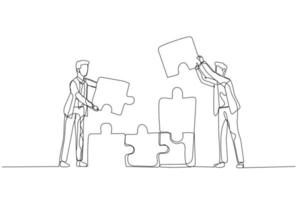 Illustration of businessman making puzzle tower. Concept of teamwork. Single line art style vector