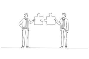 Drawing of businessman with friend connecting the puzzle. Concept of networking. Single continuous line art style vector