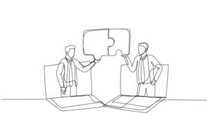 Drawing of businessman and coworker connecting jigsaw puzzle. Concept of business solution. Single continuous line art style vector