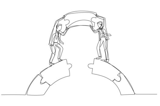 Illustration of businessman and coworker connect and build jigsaw puzzle bridge. Concept of solve problem. Single line art style vector
