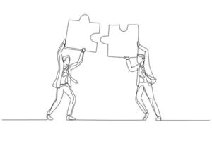 Cartoon of businessman hold puzzle in the head try to connect puzzle. Concept of partnership. Single line art style vector