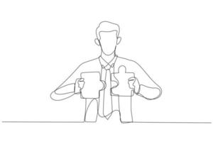 Cartoon of businessman connecting two puzzle pieces. Concept of creative solution. One line art style vector