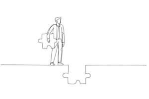 Illustration of businessman holding puzzle try to connect the road. Concept of ambition. Single line art style vector