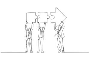 Cartoon of businessman and coworkers connecting arrow jigsaw. Concept of problem solving. One continuous line art style vector
