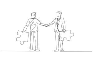 Illustration of businessman with puzzles briefcases shake hands. Concept of business connection. Single line art style vector
