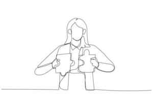 Illustration of businesswoman connecting two puzzle pieces. Concept of creative solution. Continuous line art vector