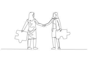 Drawing of businesswoman with puzzles briefcases shake hands. Concept of business connection. One line style art vector