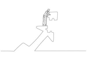 Drawing of businessman put last piece of jigsaw puzzle to complete rising up arrow. Concept of growth. Single continuous line art vector