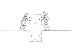 Drawing of businesswoman and partner hold puzzle and try to make bridge. Concept of cooperation. One continuous line art style vector