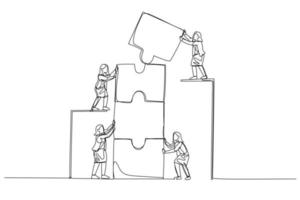 Illustration of businesswoman with coworker connecting puzzle elements. Concept of teamwork. Single continuous line art style vector