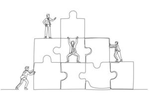 Illustration of businessman connecting puzzles pieces building. Concept of cooperation. Single line art style vector