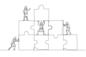 Drawing of businesswoman connecting puzzles pieces building. Concept of cooperation. Single continuous line art style vector