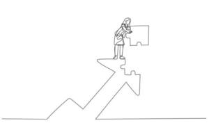 Cartoon of businesswoman put last piece of jigsaw puzzle to complete rising up arrow. Concept of growth. Single line art style vector